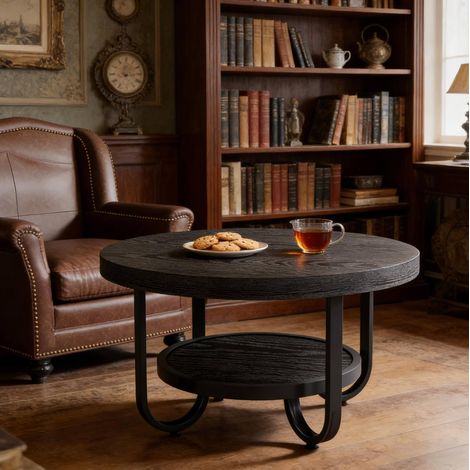 Table basse ronde 79 cm noire en MDF et métal avec double plateau (1/5)