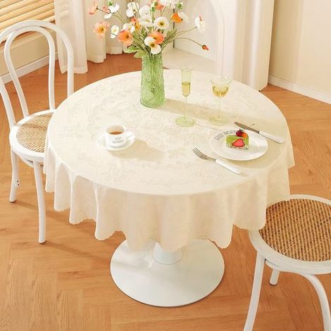 Mantel redondo de PVC con estampado floral blanco roto, Resistente al aceite y al calor, fácil de cuidar para mesas de cocina, Ø200 cm (1/4)
