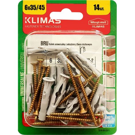 Chevilles Universelles Klimas 6 x 45 Avec Vis Tete Fraisee PZ2, Blister De 14