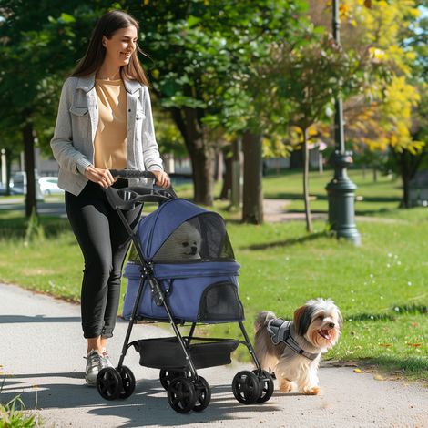 Animal Poussette buggy pliable chien chat panier rangement porte-gobelets tissu 300D Oxford imperméable 4 roues - bleu foncé