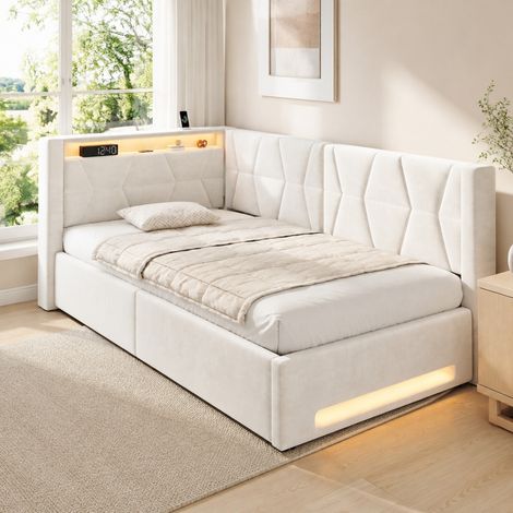Cama con almacenaje 90x200 cm con LED, USB y Type-C, beige DESVIAE (1/5)