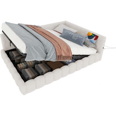 Divano letto 140x200 cm con rete a doghe, contenitore idraulico, LED multicolore, USB e Type-C, rivestimento in tessuto, bianco, CHICFURN (1/5)