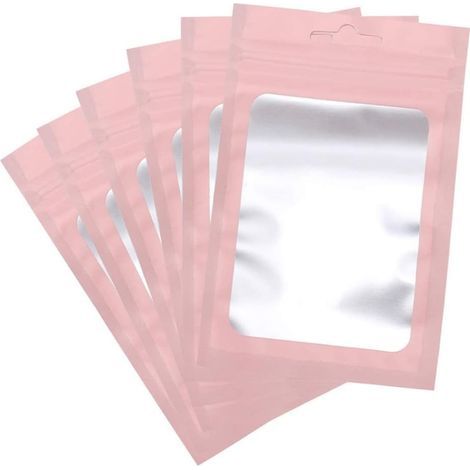 Lot de 100 sachets en aluminium rose refermables avec fenêtre transparente pour la conservation des aliments (8 x 13 cm). (1/5)
