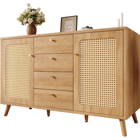 Buffet 140x40x86cm - avec 4 tiroirs et 2 portes - aspect rotin - style campagnard - avec des étagères réglables - couleur chêne clair (1/5)