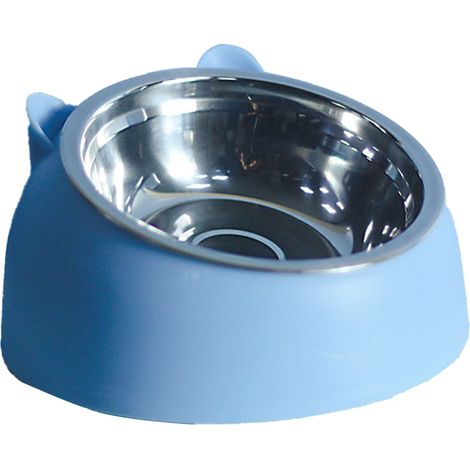 Gamelle double en acier inoxydable pour chat et chien, protection cervicale, pour chat, bouche oblique, bleue