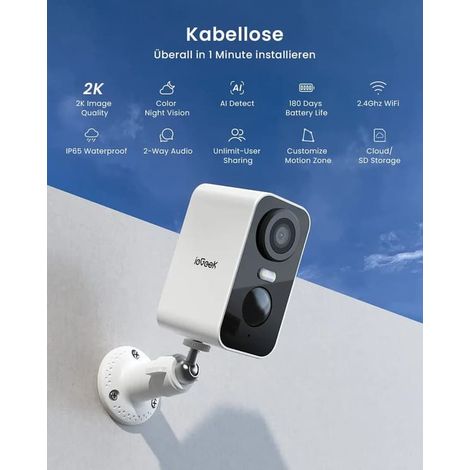 Caméra extérieure 2K avec batterie, compatible WiFi, vision nocturne couleur et détection PIR. (1/5)