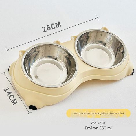 Gamelle double pour chat en acier inoxydable, gamelle d'eau et gamelle pour gamelle combinées, confortable - Jaune crème, petit format (26 × 14 × 7,5 cm, Contenance 350 ml)