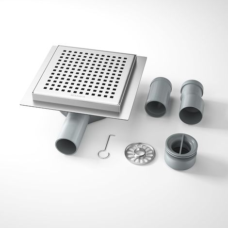 Caniveau de douche carré en acier inoxydable, 15 x 15 cm, avec siphon à 360° et filtre à cheveux, 2 adaptateurs de vidange DN50 DN40, caniveau d'écoulement plat, argenté (1/5)