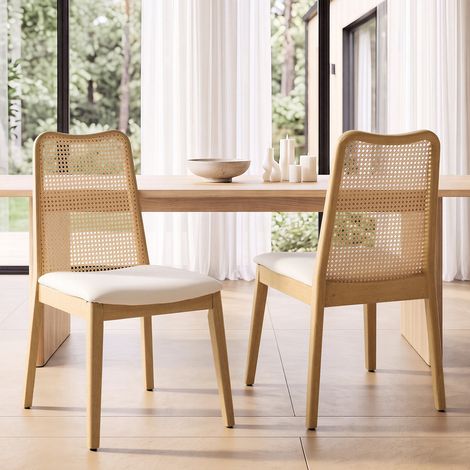 Wahson Chaises Lot de 2, Chaise de Salle à Manger en Cuir PU, Rotin Artificiel, Dossier de 47cm, Similicuir Souple et Pieds Bois, pour Cuisine/Restaurant, Blanc (1/5)