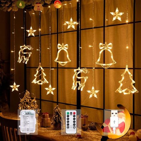 Rideau lumineux de Noël, guirlande lumineuse en forme de cloche d'élan, 3,5 m, 8 modes, guirlande USB et télécommande pour fenêtre de chambre, mariage, décorations de Noël (1/4)
