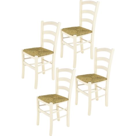 Tommychairs - Set 4 chaises VENICE pour cuisine, bar et salle à manger, robuste structure en bois de hêtre peindré en couleur anilnie blanche et assise en paille (1/5)