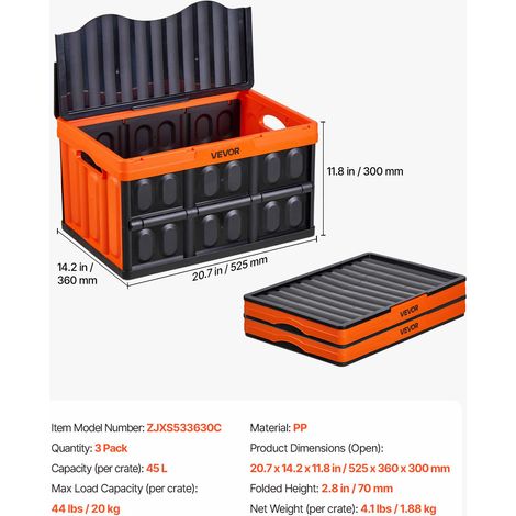 VEVOR Plastic Collapsible Storage Bins with Lids, 45L 3Packs, Stackable Folding Storage Crates with Handles, Holds 44 lbs Per Bin, Heavy Duty Containers, Space-Saving Baskets, for Home Organizing (1/4)