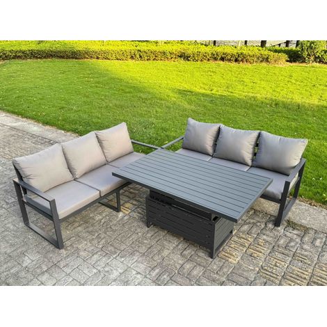 Fimous 3 Pieces Garden Furniture Set Aluminium Adjustable Rising Lifting Dining Table and Sofa Set with Cushions Dark Grey (1/4)