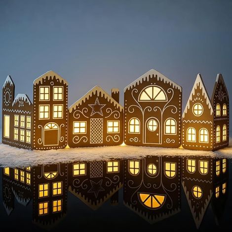 Maison En Pain D Épices - Décoration Lumineuse De Noël En Carton - Centre De Table Intérieur - Lot De 2 Maisons + Guirlande Lumineuse - Pour Décoration Festive (1/5)