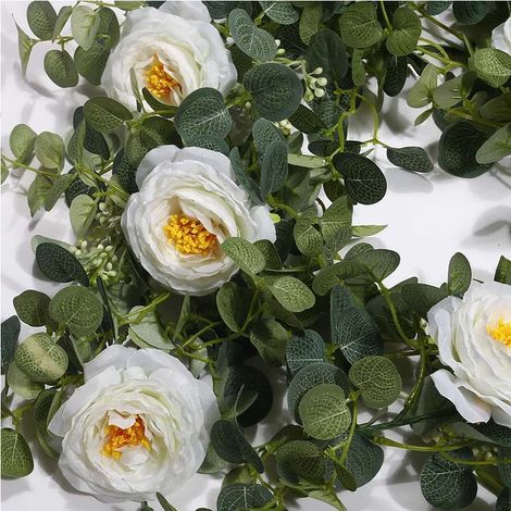 [JAMAIS UTILISÉ]Guirlande d'eucalyptus avec camélias, 2M, fausse fleur artificielle, décoration de vigne Rose en soie, fausse feuille suspendue (1/5)