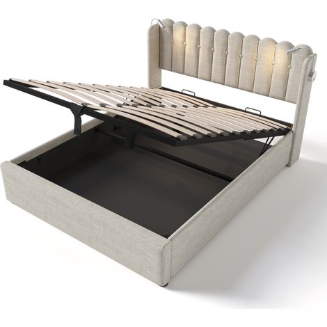 Letto matrimoniale imbottito 160x200 in lino naturale con luce lettura e USB (1/5)