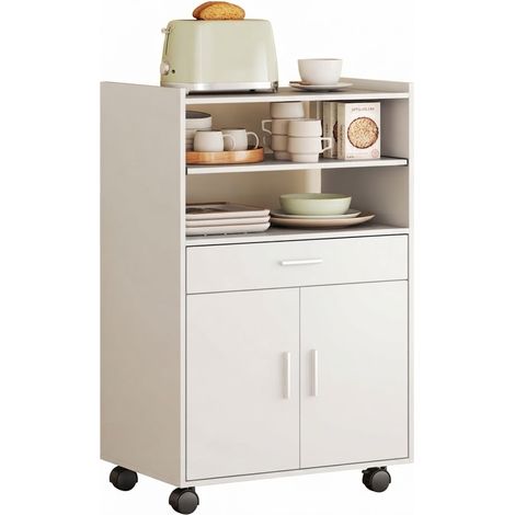 ELVMI Carrello da Cucina con 2 Ante, 1 Cassetto, 2 Vani e Ruote, per Cucina, in MDF, Bianco (1/5)