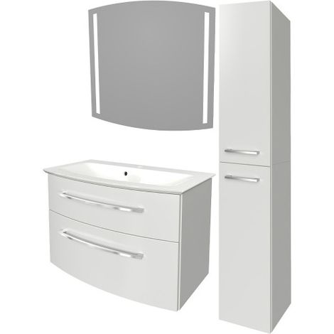 Fackelmann B.STYLE Badmöbel Set mit Waschbecken mit Unterschrank 80 cm breit –  mit LED-Spiegel und Hochschrank – Badezimmermöbel hängend in Weiß Hochglanz – Badspiegel mit Beleuchtung"-"90193145 (1/5)