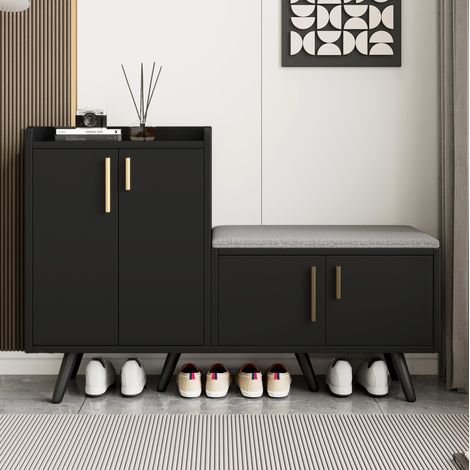 Zapatero de 4 puertas 120 x 34 x 82,8 cm negro y nogal oscuro (1/5)