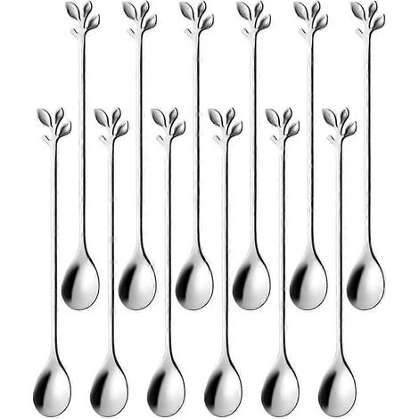 Ensemble de 12 cuillères à thé glacé à long manche, cuillères à glace de 18,8 cm, cuillères à cocktail créatives à motif feuille noire, acier inoxydable de qualité alimentaire supérieure, finition mir (1/4)