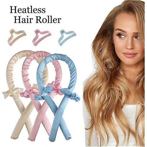 lot De Trois En Rose, Beige Et Bleu, Kit Ruban Boucleur Cheveux Sans Chaleur / Cheveux Onduls Sans Fer Boucler / Heatless Wavy (1/5)