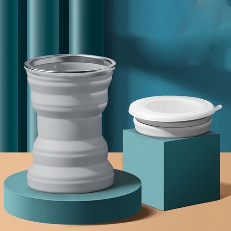 Tasse pliable en silicone 320ML avec couvercle, idéale pour voyage et extérieur, design compact et portable, couleur gris laiteux.