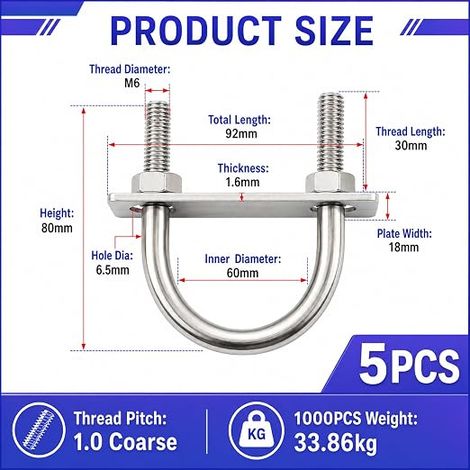 5 Pieces U with M6 Thread 60 x 80 mm, U Tightening Bolts, 304 Anti-Rust, M6 U-Bolts, Suitable for Pipes, Trailers and Boats (1/4)