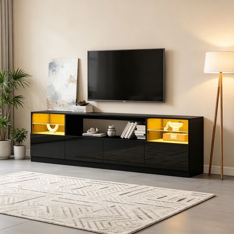 Meuble TV avec éclairage LED, meuble ouvert, 4 portes battantes, 8 compartiments de rangement, finition laquée noire brillante, support TV pour téléviseurs jusqu'à 75 pouces, meuble TV bas pour salon (1/4)