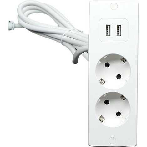 Multiprise de bureau avec 2 prises, 2 ports USB et un câble de 1,5 mètre - convient aux plans de travail et aux tables de conférence (blanche). (1/5)