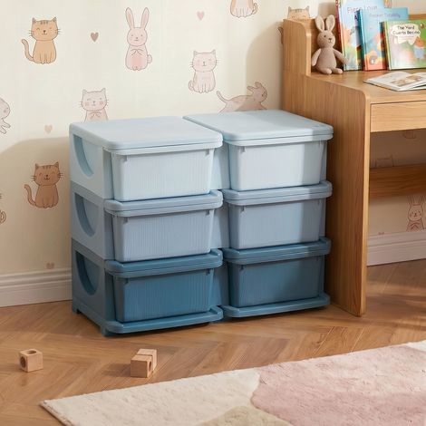 Organisateur Jouets Enfants 3 Niveaux, 6 Tiroirs, Boîtes Plastique, 75x37x56,5 cm, Bleu (1/5)