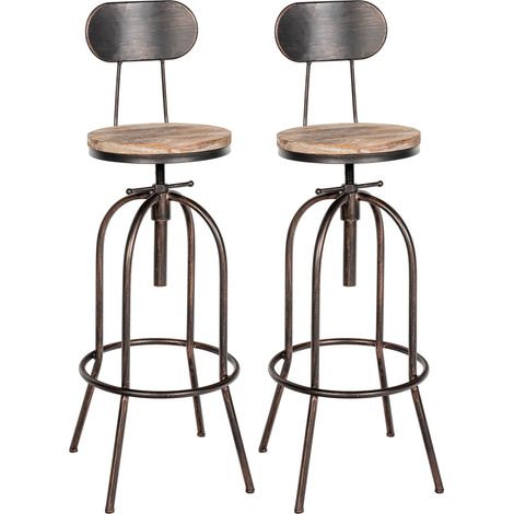 Lot de 2 tabourets de bar design industriel avec dossier repose-pieds en bois et métal bronze 100006179