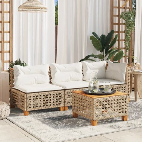 Gartensofa mit Kissen 3-Sitzer Beige Poly Rattan