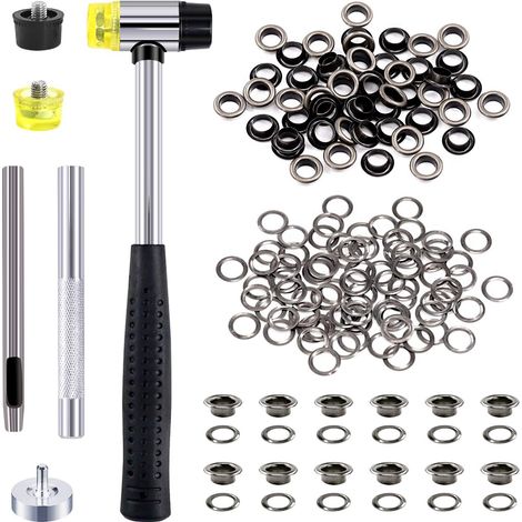 Kit de 206 œillets de 6 mm en noir pistolet avec outil de pose, comprenant un maillet doux et léger en caoutchouc, kits d'œillets métalliques pour chaussures en cuir, tissu, ceinture (1/5)