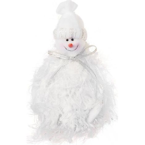 Pupazzo di neve natalizio realizzato con filato da 25 cm in un abito di pelliccia bianca con fili d'argento (1/2)