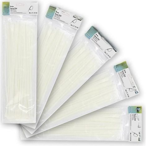 Sachet de 100 serre-câbles blancs 4,8 x 200 mm en nylon 66, résistants et durables, parfaits pour organiser les câbles et fixer des objets.
