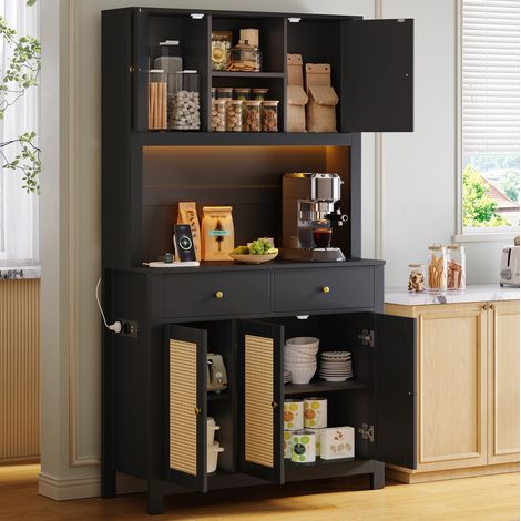 Armoire de cuisine haute avec portes en paille, éclairage LED RGB contrôlé par application, prises et ports USB, 2 tiroirs, rangement ouvert, MDF noir, 100 x 40 x 180 cm CHICFURN (1/5)