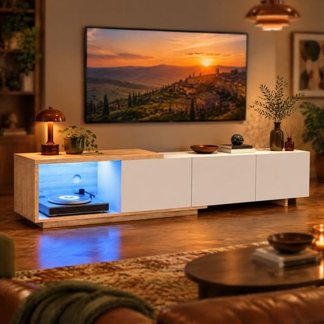 Meuble TV 240cm scandinave Extensible, avec 3 tiroirs sans poignée + 1 rangement caché, éclairage LED réglable, MDF, 163/240x38x44cm, blanc et naturel (1/5)