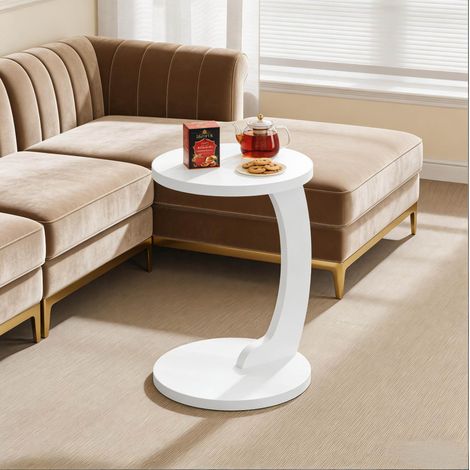 Tavolino C 38x55 cm, piano rotondo, per divano e letto, MDF bianco (1/5)