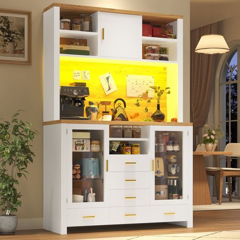 Buffet de cuisine blanc effet bois avec led, 4 portes et 6 tiroirs (1/5)
