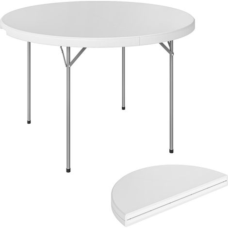 Table de camping ronde pliante en métal et PEHD, 120 x 120 x 74 cm, blanche idéal pour salon, chambre à coucher ou bureau avec structure en métal robuste et stable