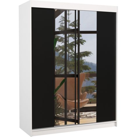 Armoire de chambre blanche 2 portes coulissantes bois noir et miroir Zomka 150cm (1/5)