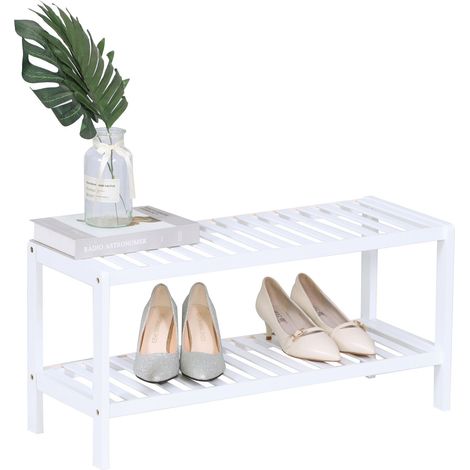 Relaxdays Schuhregal, 2 Ebenen, 6 Paar Schuhe, HBT: 33,5 x 70 x 24,5 cm, Schuhständer mit Gitterablagen, Bambus, weiß