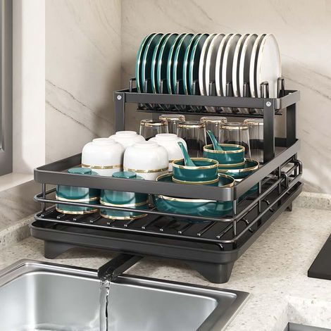 Égouttoir à Vaisselle Cuisine en Acier Carbone Épais – Résistant 30kg, Antirouille, Égouttage 360°