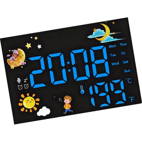 Réveil mural multicolore avec affichage de la date et de la température, capteur intérieur, boîtier en plastique, horloge électronique, bleu (1/5)