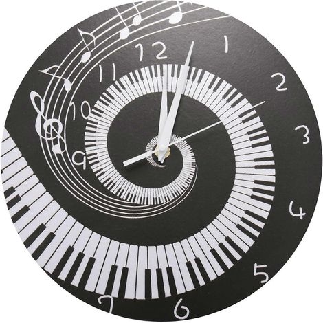 Horloge murale moderne ronde, élégante, sans pile, en acrylique noir et blanc, avec touches de piano et notes de musique. (1/5)