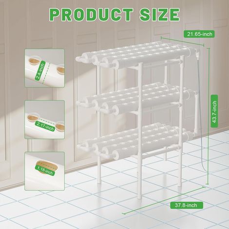 Hydroponisches Anbausystem mit 108 Pflanzstellen 3 Schicht Hydroponisches Anbausystem erdlose Anbauschläuche mit VerdickungsfugeWasserpumpe, Automatisches Bewässerungssystem,PVC-U,Weiß (1/5)