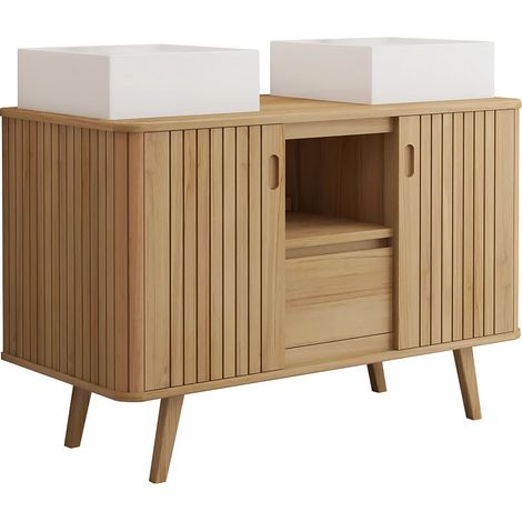 Mobile bagno con piedi in teak e doppio lavabo quadrato da appoggio in ceramica 120 cm - WAMENA (1/5)