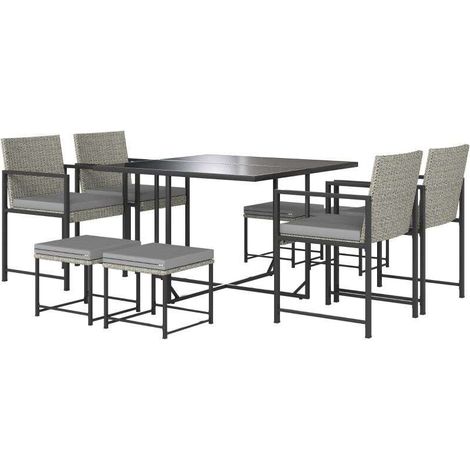 Salon de jardin extérieur en résine tressée 8 places avec coussins et plateau en verre trempé, gris (1/5)