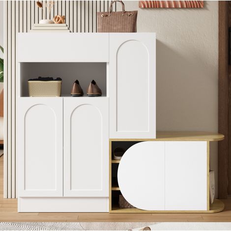 Mobile portascarpe con panca, 1 cassetto, 5 ante, MDF bianco e effetto legno, 130x35x110,5 cm (1/5)