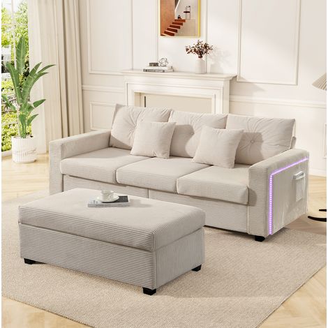 Divano angolare modulare beige con pouf estraibile e LED, 3 posti, tessuto a coste (1/5)